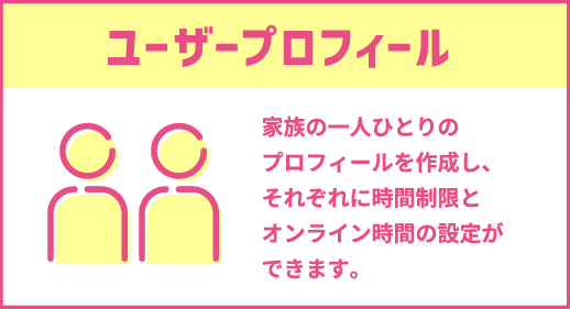 ユーザープロフィール｜家族一人ひとりのプロフィールを作成し、それぞれに時間制限とオンライン時間の設定ができます。