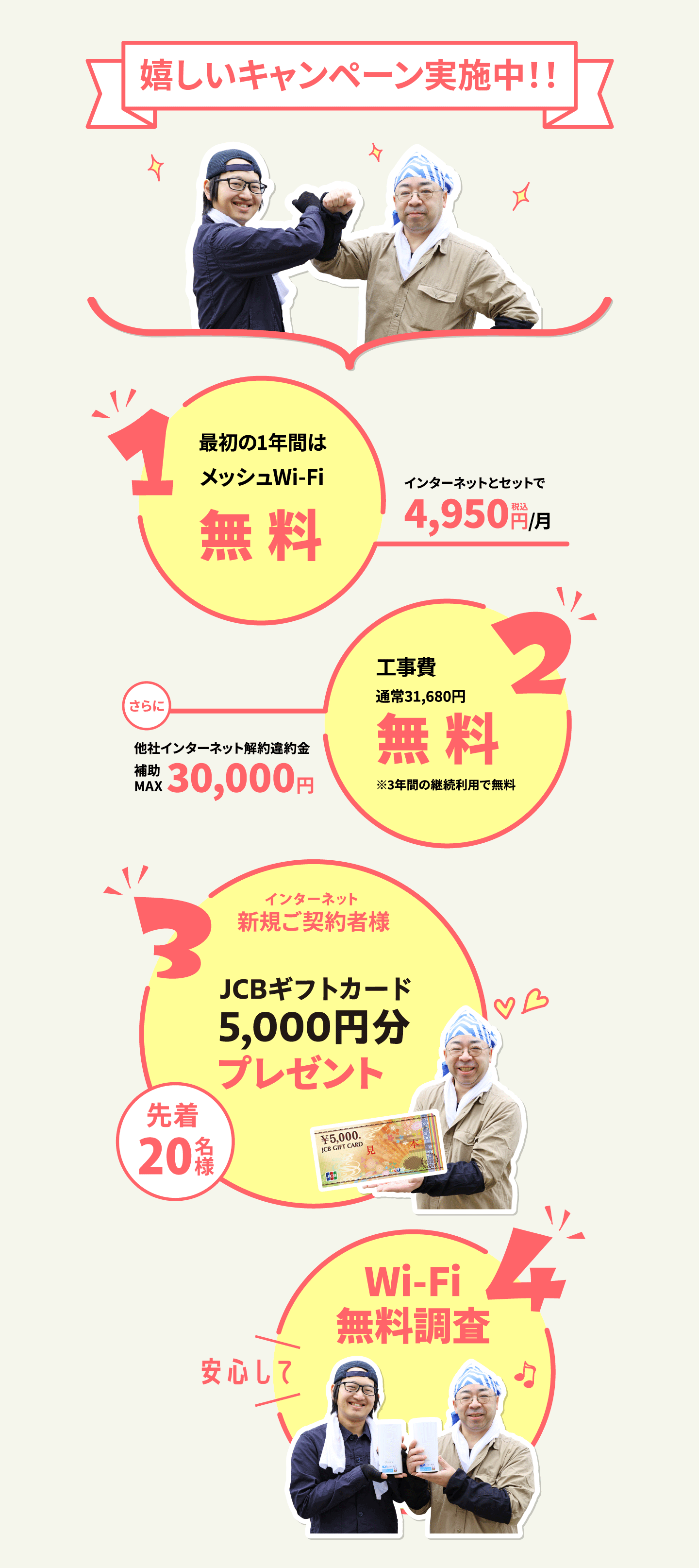 嬉しいキャンペーン実施中！！｜１．最初の一年間はメッシュWi-Fi無料｜２．工事費通常31,680円が無料！※3年間の継続利用で無料！さらに他社インターネット解約違約金最大30,000円補助｜3．インターネット新規ご契約者様先着20名様にJCBギフトカード5,000円分をプレゼント！｜４．Wi-Fiの無料調査実施中！