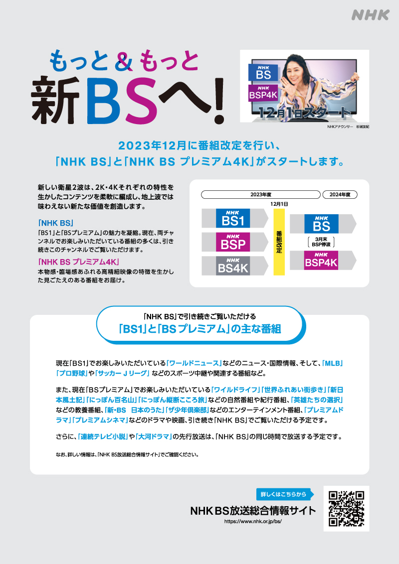 2023年12月に番組改定を行い「NHK BS」と「NHK BS プレミアム4K」がスタートします