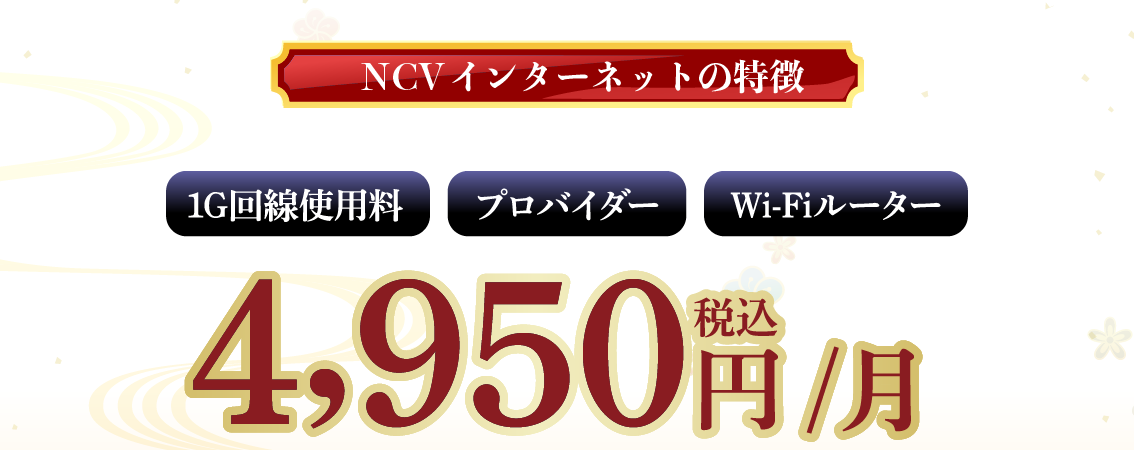 光１G回線使用料、プロバイダー料、Wi-Fiルーター料金コミコミで月額4,950円（税込）