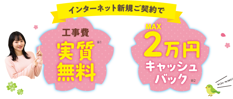 インターネットにお申し込みいただくと、工事費実質無料、2万円キャッシュバックなどの特典が満載