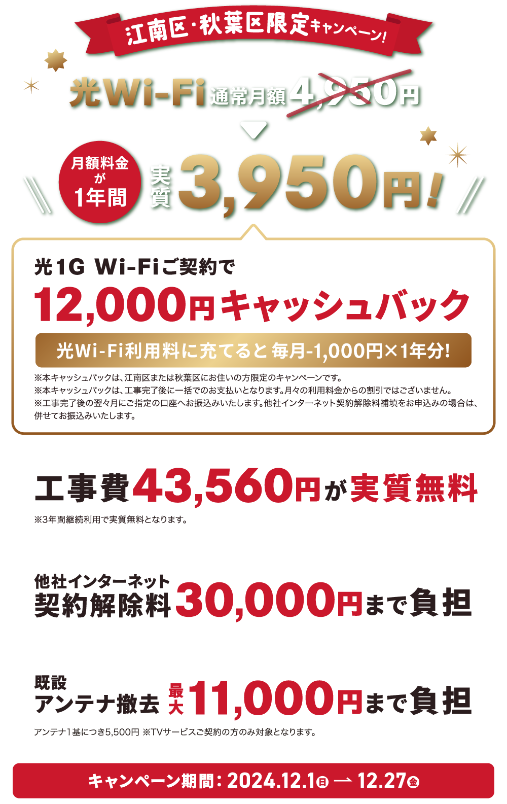 光1ギガWi-Fiご契約で12,000円キャッシュバック！