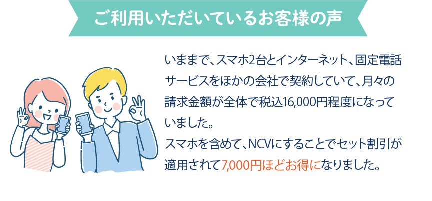 ご利用いただいているお客様の声　いままでスマホ2台とインターネット、固定電話サービスを他の会社で契約していて、月々の請求金額が合計で16,000円を超えていました。NCVに乗り換えてから、7,000円ほど安くなりました！