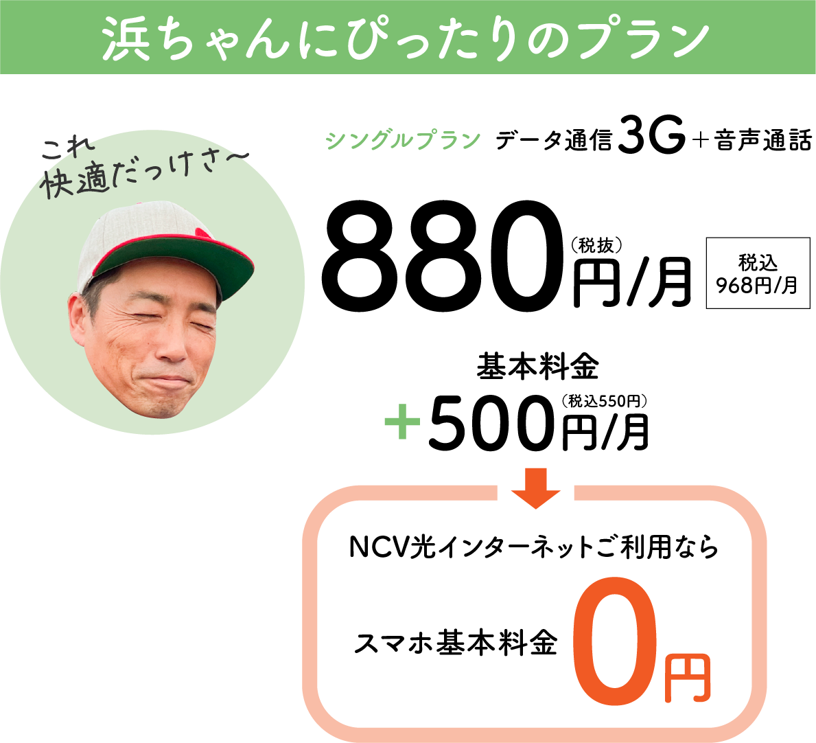 浜ちゃんにぴったりのシングルプラン。月額880円