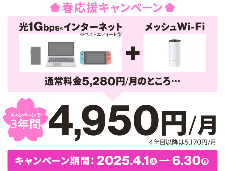 光1Gインターネット＋メッシュWi-Fiが通常5,280円/月のところ、今なら3年間4,950円/月で使える！