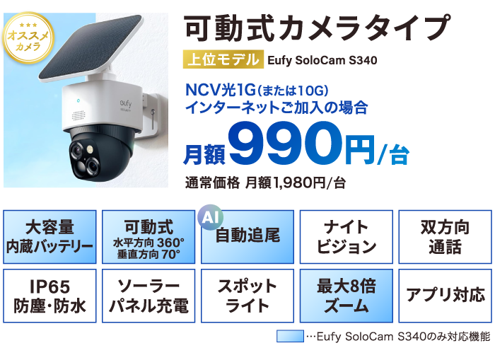 可動式カメラタイプ NCV光インターネットご利用の場合月額990円/台（通常価格月額1,980円/台）