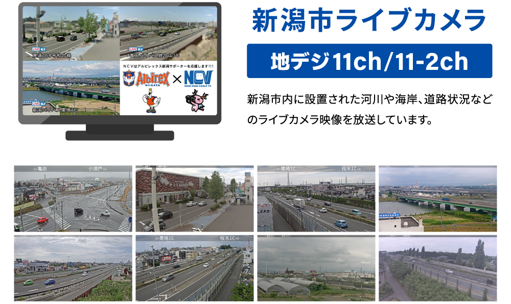 新潟市内に設置された河川や海岸、道路状況などのライブカメラ映像を放送