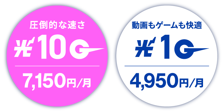 光10Gbpsインターネット月額7150円（税込）／光1Gbpsインターネット月額4950円（税込）