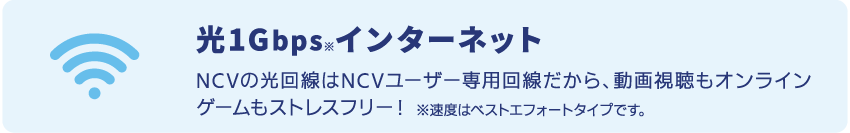 光1GインターネットはNCVユーザー専用回線だから、動画視聴もオンラインゲームもストレスフリー！