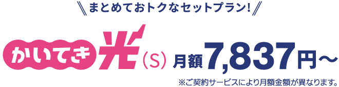 まとめておトクなセットプラン！かいてき光（S）月額7837円～ ※ご契約サービスにより金額が異なります。