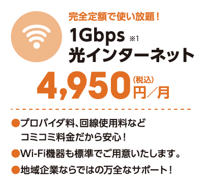 完全定額で使い放題！ 1Gbps光インターネット　月額税込み4,950円｜Wi-Fi付