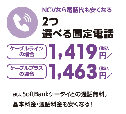 NCVなら電話代も安くなる！選べる固定電話　ソフトバンクケーブルラインの場合：1,419円～　auケーブルプラス電話の場合：1,463円～