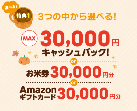 選べる特典　①最大３万円キャッシュバック　②お米券３万円分プレゼント　③Amazonギフト券３万円分プレゼント
