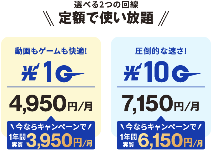 定額で使い放題！NCV光1Gインターネット4950円/月（今ならキャンペーンで1年間実質3950円/月）または光10Gインターネット7150円/月（今ならキャンペーンで1年間実質6150円/月）