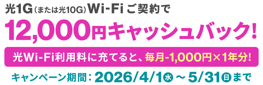 光1Gまたは光10Gインターネットご契約で12,000円キャッシュバック!光Wi-Fi利用料に充てると、毎月-1,000円×1年分!【キャンペーン期間:2026/4/1~5/31まで】