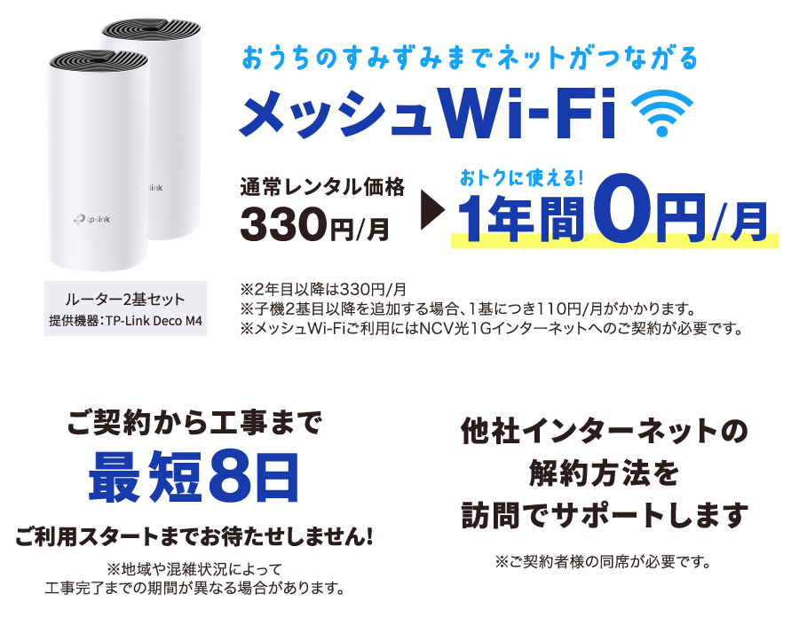 ①おうちのすみずみまでネットがつながる【メッシュWi-Fi】通常レンタル価格月額330円→1年間は月額0円で使える！（※2年目以降は月額330円※子機2基目以降を追加する場合、1基につき月額110円※メッシュWi-Fiご利用には光1Gインターネットのご加入が必要です。）②ご契約から工事まで最短8日！（※地域や混雑状況によって工事完了までの期間が異なる場合があります。）③他社インターネットの解約方法を訪問サポートします。