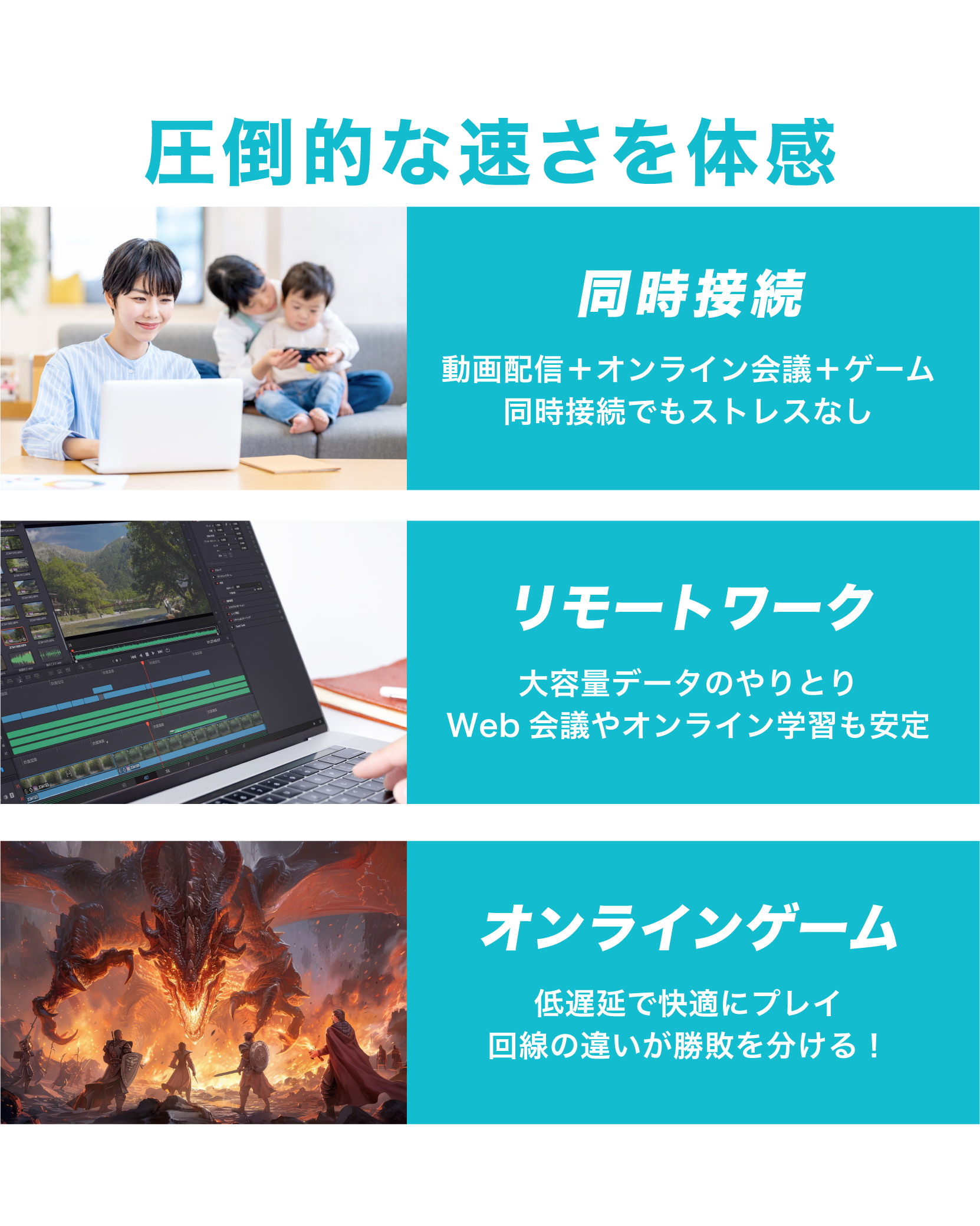 同時接続でもストレスなし。大容量データのやりとり、Web会議などのリモートワークが安定。オンラインゲームも低遅延で快適にプレイ可能。回線の違いが勝敗を分ける！