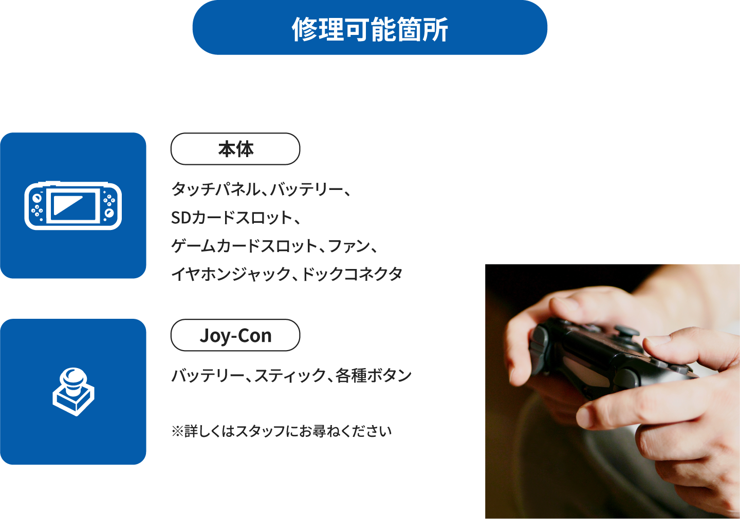 修理可能箇所：本体・ジョイコン。詳しくはスタッフまで