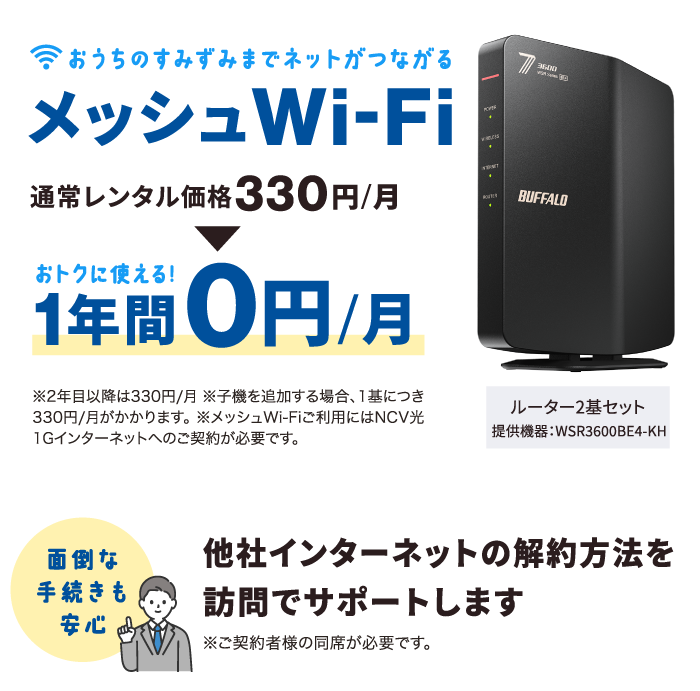 ①おうちのすみずみまでネットがつながる【メッシュWi-Fi】通常レンタル価格月額330円→1年間は月額0円で使える！（※2年目以降は月額330円※子機を追加する場合、1基につき月額330円※メッシュWi-Fiご利用には光1Gインターネットのご加入が必要です。）②他社インターネットの解約方法を訪問サポートします。