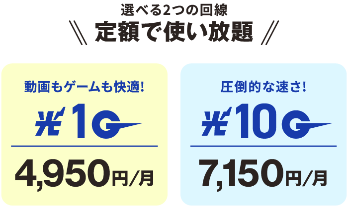 定額で使い放題！選べる2つの回線【光1Gインターネット月額4,950円】または【光10Gインターネット月額7,150円】